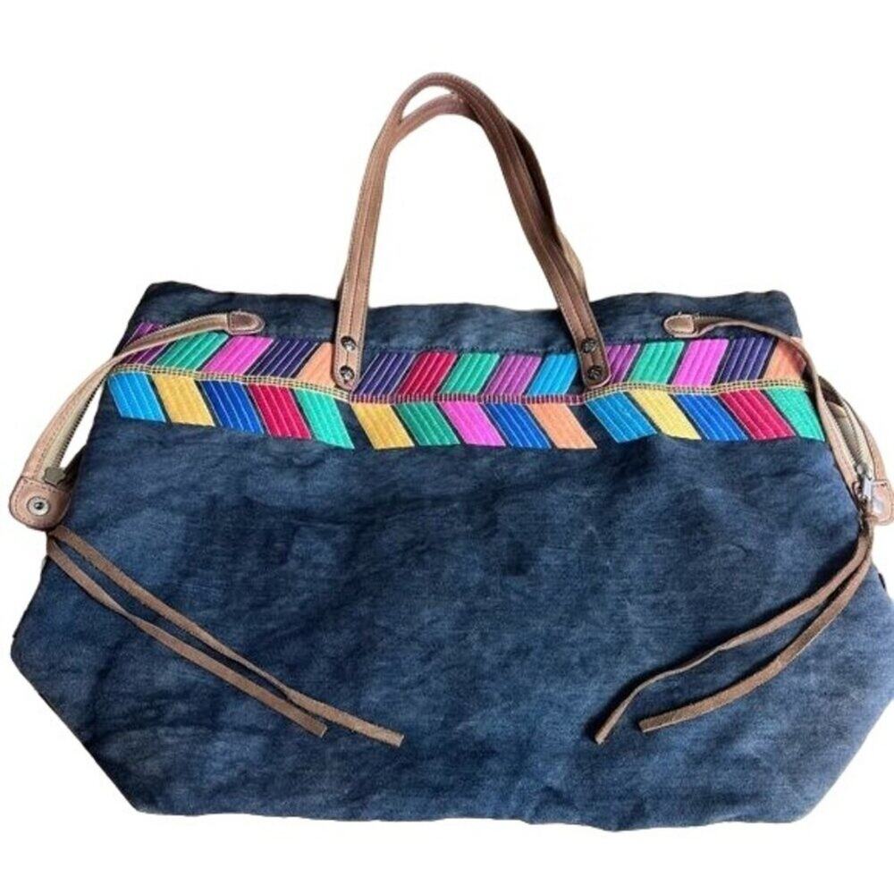 LUCKY BRAND Shoulder Bag Tote Arrowhead Boho Canvas Leather Colorful Fun